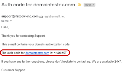 Domain Transfer Authorization code email